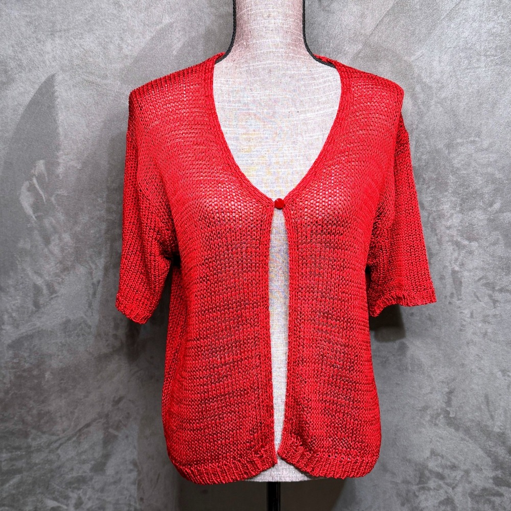 Vtg BICÉ Cardigan Womens Large Red Open Knit Mesh‎ Short Sleeve One Button 90s